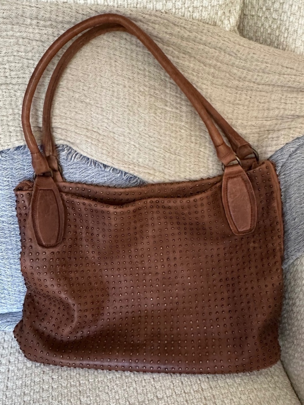 Platania Chocolate Brown Italian Leather Large Studded Zip Shoulder Tote Satchel